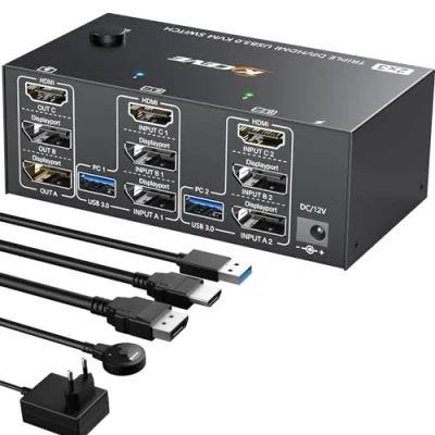 Abbildung von Triple Monitore KVM Switch 2 Displayport + HDMI, 8K@60Hz 4K@144Hz, USB 3.0 PC 3 Monitore, 1.4 HDMI 2.1 für Teilen Maus, Tastatur und