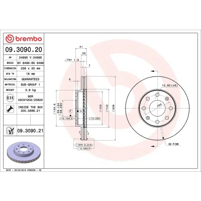 Abbildung von BREMBO 09.3090.20 Bremsscheibe 236 20 4 innenbelüftet mit Schrauben CHEVROLET: Aveo / Kalos Hatchback, Spark, Saloon