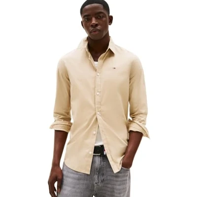 Abbildung von Tommy Jeans Herren Hemd Original Stretch Langarm, Beige (Silt), XS
