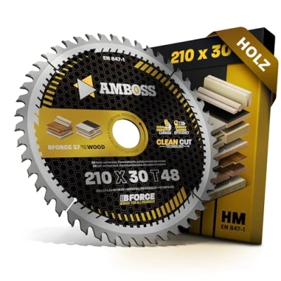 Abbildung von HM Kreissägeblatt 210x30 Z48 Wechselzahn für Akku Holz Feinschnitt. AMBOSS WERKZEUGE® Sägeblatt 210mm komp. zu Festool TS75EBQ Holzmann HKS210L Makita 5008 MG. Einhell. Parkside. Dewalt uvm.