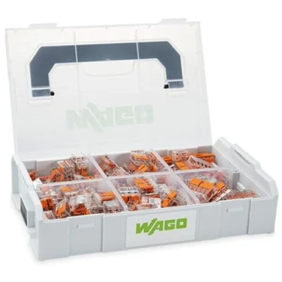 Abbildung von WAGO Verbindungsklemmen Set 887 957 186 teilig, mit verschiedenen Hebeln und Befestigungsadapter der Serie 221 für alle Leiterarten, in praktischer L BOXX Mini