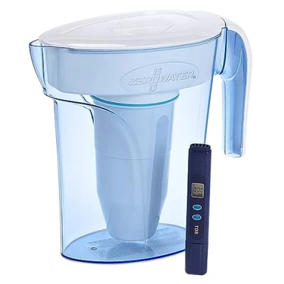 Abbildung von ZeroWater 5 Stufige Filterkanne für Trinkwasser mit 1,7 L NSF Zertifizierte Wasserfilter Kanne, um Blei, Andere Schwermetalle und PFOA/PFOS zu Reduzieren in Weiß Blau