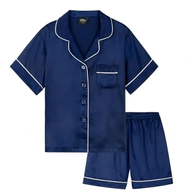 Abbildung von CityComfort Silk Pyjama Set für Mädchen, Kurze Schlafanzughose &amp; Kurzärmliges Oberteil mit Kragen Knopfleiste Geschenke Mädchen (Dunkelblau, 11 12 Jahre)