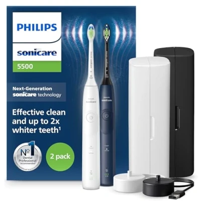 Abbildung von Philips Sonicare 5500 elektrische Zahnbürste, Sonic Zahnbürste mit 2 Putzmodi, Andruckkontrolle, EasyStart, SmarTimer und BrushPacer, Weiß Navy, 2er Pack, Modell HX7119/01