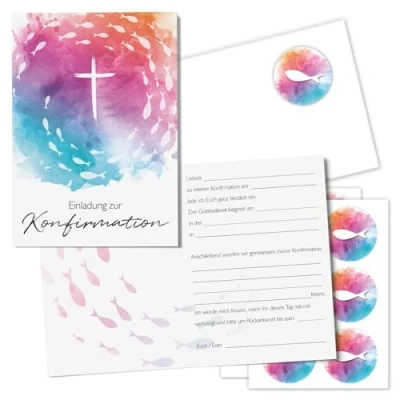 Abbildung von 15er Set Konfirmationskarten Klappkarten in DIN A6 mit 15 Umschlägen und 18 passenden Aufklebern Einladungskarte zur Konfirmation dv_1176