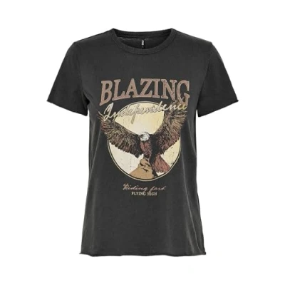 Abbildung von ONLY Damen Bedrucktes T Shirt Kurzarm Basic Rundhals Top mit Schrift Printed Shortsleeve ONLLUCY, Farben:Grau, Größe:XL