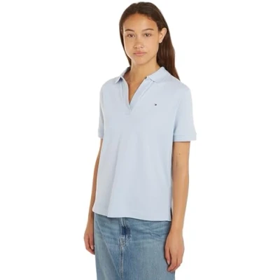 Abbildung von Tommy Hilfiger Damen Poloshirt Kurzarm Slim Fit, Blau (Breezy Blue), M