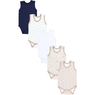 Abbildung von TupTam Baby Jungen Achselbody in Unifarben 5er Pack, Farbe: Fuchs Beige Sterne Streifen Weiß Dunkelblau, Größe: 98