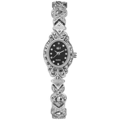Abbildung von JewelryWe Damenuhr Vintage Diamant Uhr: Schwarz Glitzer Zirkonia Analog Quarz Armbanduhr Damen Klein Schmal Metallarmband Retro Lässige Uhr mit Bling Strass Ovalem Gehäuse Silber
