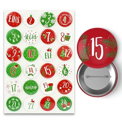 Abbildung von Papierdrachen 24 Adventskalender Zahlen auf Buttons 35 mm Anstecknadeln zum Dekorieren von Adventskalendern mit 1 Rot grün Ideal für Stoffsäckchen und Beutel