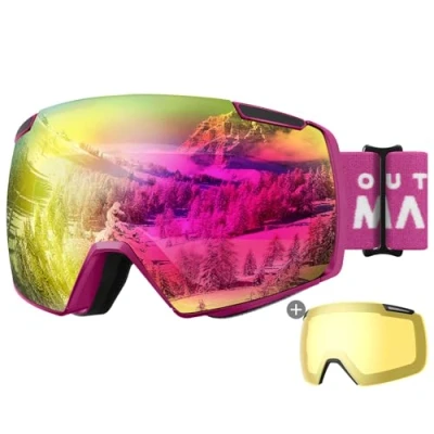 Abbildung von OutdoorMaster Heron Skibrille mit 2 Gläsern, rahmenlos, magnetisch austauschbare HD Toric Lens, OTG Snowboardbrille für Männer &amp; Frauen, 100% UV Schutz Snow Goggles (RevoPink Vlt 13% + Gelbe Linse)