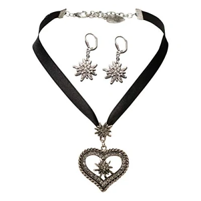 Abbildung von Alpenflüstern Trachtenschmuck Set Satin Trachtenkette Strassedelweissherz und Trachten Ohrhänger Strass Edelweiss Damen Schmuck, Trachtenset Kette Ohrringe schwarz SET044