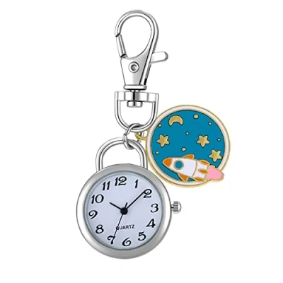 Abbildung von JewelryWe Taschenuhr Uhr mit Karabiner Schlüsselanhänger: Herren Damen Karabineruhr Sternenhimmel Rakete Weltraumrakete Silber Analog Quarz Weiß Rundem Digital Zifferblatt