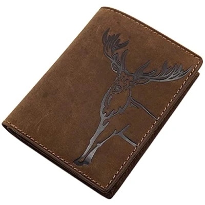 Abbildung von myledershop Echt Büffel Vollleder Geldbörse/Geldbeutel/Portemonnaie/Geldtasche in Hoch oder Querformat mit Hirsch Motiv RFID &amp; NFC Schutz (Modell 1 / Hochformat/Braun)