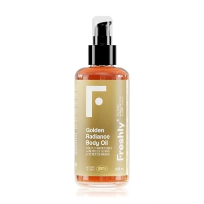 Abbildung von Freshly Cosmetics Golden Radiance Body Oil feuchtigkeitsspendendes Körperöl. Dehnungsstreifenöl für den Körper und während der Schwangerschaft. 200ml.
