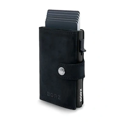 Abbildung von BORZ Prime Maxus 1 Wallet mit Münzfach AirTag kompatibel, Kartenetui RFID Schutz, Mini Geldbörse Cardholder, Geldbeutel für Karten &amp; Scheine aus echtem Leder Herren Damen