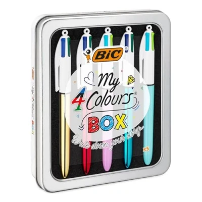 Abbildung von BIC 4 Farben Kugelschreiber Set Colours, 5er Stifte in Metallbox mit 3 Colours Shine &amp; 2 Fun Stiften, Geschenkidee für Sammler, My Box, 1 stück (5er Pack)