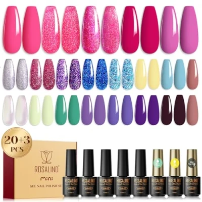 Abbildung von ROSALIND UV Nagellack Set, 23 Stück Mini Farbgel für Gelnägel Silber Rosa Lila Blau Gelb Glitzer Shellac Gel Soak Off Natur Gellack Anfänger Nail Art Maniküre Salon