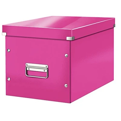 Abbildung von Leitz Click &amp; Store Aufbewahrungsbox mit Deckel Groß, Würfelbox passend für Kallax Regale in Wohnzimmer oder Büro, Box aus 80 % recycelter Premium Hartpappe, Stabile Metallgriffe, Pink, 61080023