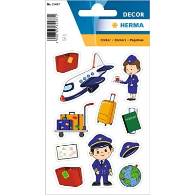 Abbildung von HERMA 15487 Aufkleber Pilot klein groß, 33 Stück, Berufe Sticker mit Flugzeug Koffer Motiv, Kinder Etiketten für Fotoalbum Tagebuch Poesiealbum Scrapbooking Geburtstag Dekoration Briefe DIY Basteln