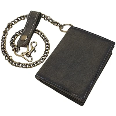 Abbildung von Echt Büffel Vollleder Hochformat Bikerbörse / Geldbörse Geldbeutel Portemonnaie Geldtasche mit Metallkette Totenkopf Motiv oder ohne RFID &amp; NFC Schutz (Ohne Vintage Grau)
