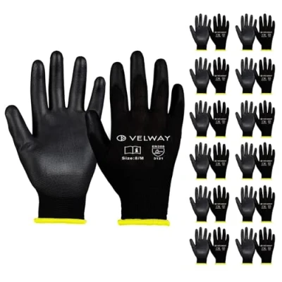 Abbildung von Velway 12 Paar Arbeitshandschuhe Mechaniker Handschuhe Größe 9 Leichte Damen Gartenhandschuhe Rutschfeste mit PU Beschichtete Herren Montagehandschuhe Atmungsaktive Schutzhandschuhe EN388 Schwarz