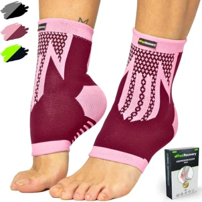 Abbildung von 2 Stück Fußbandage für Herren &amp; Damen Knöchelbandage Sport Laufen, Fußball, Joggen Sprunggelenkbandage Achillessehne, Bänderriss, Plantarfasziitis Atmungsaktiv Rutschfest (L, Bordeaux)