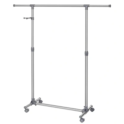Abbildung von SONGMICS Kleiderständer, Garderobenständer auf Rollen, Rohre mit Edelstahlbeschichtung, ausziehbarer Kleiderstange, seitliche Haken für Accessoires, höhenverstellbar 97 165 cm, grau LLR01G
