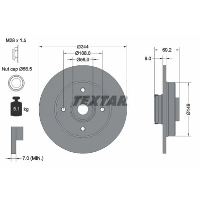 Abbildung von TEXTAR 92305403 Bremsscheibe 244 9 04/04 108 voll beschichtet mit integriertem magnetischen Sensorring, Radlager, Radnabe PEUGEOT: 2008 Estate