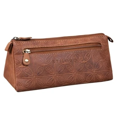 Abbildung von STILORD &#039;Alexis&#039; Vintage Leder Etui Stiftemappe mit 2 Fächern und Reißverschluss Federtasche Federmäppchen Schlampermäppchen Echtes
