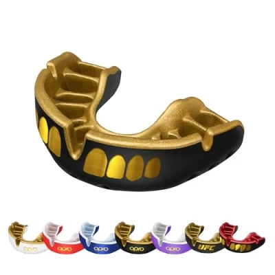 Abbildung von OPRO Gold Level Grillz Mundschutz, Mundschutz Sport Erwachsene und Kinder, mit Vorgesetzter Komfort für Boxen, Lacrosse, MMA, Kampfsport, Hockey alle Kontaktsportarten (Schwarz/Gold, Erwachsene)