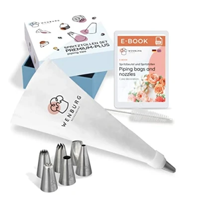 Abbildung von Wenburg Spritzbeutel Set 7 Große Spritzbeutel, Professionelle Edelstahl Aufsätze für Kuchen, Torten, Cupcake Dekoration (Set Premium Plus) Teigspritze Backzubehör mit Zubehör