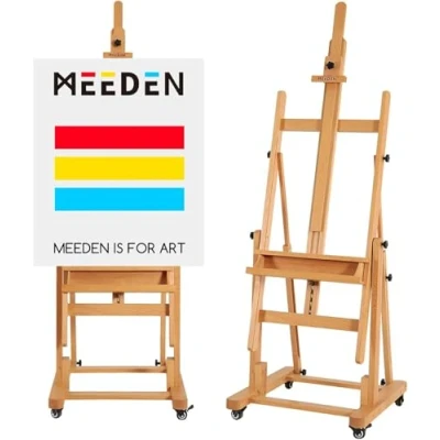 Abbildung von MEEDEN Künstler Extra große Staffelei schwere Buche Holz Verstellbar Kippen Studio mit Lenkrollen, hält Leinwand bis 208,3 cm