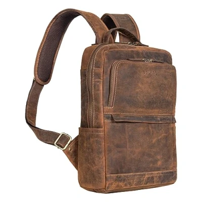 Abbildung von STILORD &#039;Albie&#039; Laptop Rucksack Leder 13,3 Zoll für Damen und Herren DIN A4 Daypack Business Backpack Büro Schule Uni Arbeit Vintage Ranzen aus Echtleder mittel groß, Farbe:calais braun