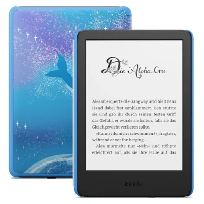Abbildung von Der neue Amazon Kindle Kids (16 GB) Falls das Gerät kaputtgeht, ersetzen wir es. Inklusive altersgerechter Bücher, Hülle, blendfreiem Bildschirm und schnellerem Umblättern Weltraumwal Design