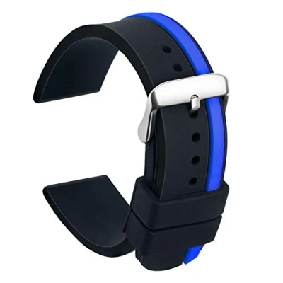 Abbildung von ULLCHRO Unisex Kautschuk Armband mit Gebürstete Edelstahl Silber Schnalle 22mm Schwarz Blau