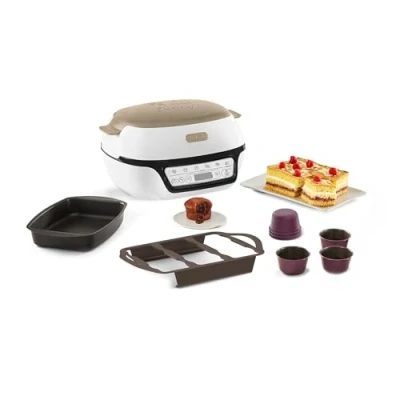 Abbildung von Tefal Intelligente Kuchenmaschine, 5 automatische Programme, ideale Temperatur und Zeiteinstellung, Antihaftbeschichtete Aluminiumform, 6 Creabake Muffinformen, Cake Factory KD804910