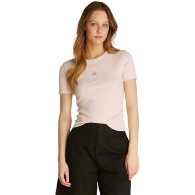 Abbildung von Calvin Klein Damen T Shirt Kurzarm Woven Label Rib Tee Slim Fit, Rosa (Silver Peony), M