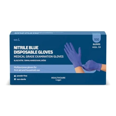 Abbildung von Amazon Basic Care Blaue Nitril Einmal Handschuhe, Puder frei, Größe L, 100 Handschuhe (Früher Marke Hevea)