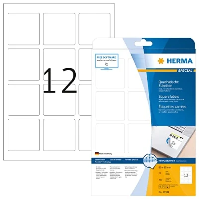 Abbildung von HERMA 10109 Universal Etiketten ablösbar, 25 Blatt, 60 x mm, 12 pro A4 Bogen, 300 Stück, selbstklebend, bedruckbar, matt, quadratisch, blanko Papier Klebeetiketten Aufkleber, weiß