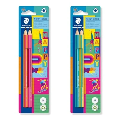 Abbildung von STAEDTLER dicke dreieckige Bleistifte Noris jumbo Happy in farbenfroher Streifung, hohe Bruchfestigkeit, Härtegrad 2B, 2 Kartonhängekarte, 119 BK2 HA