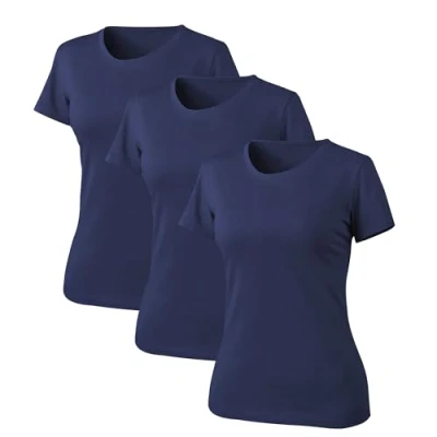 Abbildung von Liking 3er Pack Basic Tshirt Damen Baumwolle Kurzarm T Shirt Casual Rundhalsausschnitt Tops Set Marineblau 6101 UN3 S 3
