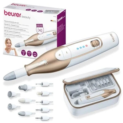 Abbildung von Beurer MP 64 Maniküre/Pediküreset, elektrisches Nagelpflegeset mit Akku, 10 Aufsätze zur Nagelpflege für schöne Hände und Füße, LED Licht, Einheitsgröße, White and gold