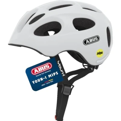 Abbildung von ABUS Kinderhelm Youn I MIPS Fahrradhelm mit Licht, Reflektoren und Aufprallschutz (MIPS) für Mädchen Jungen Weiß Matt, Größe S