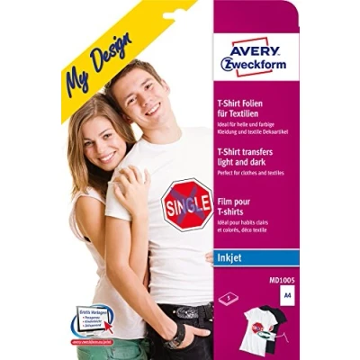 Abbildung von AVERY Zweckform MD1005 5 Textilfolien, T Shirt selbst gestalten, bedrucken (Bügelfolie, farbige/helle Textilien, A4, bedruckbare Folie zum Aufbügeln, Transferfolie für Inkjet Drucker)