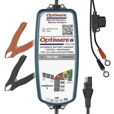 Abbildung von OptiMate TecMate 6 Ampmatic, TM360, 9 stufiges gekapseltes batterieschonendes 12V 6A Lade &amp; Wartungsgerät, Silver Serie