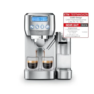 Abbildung von Caso Espresso Gourmet Latte Siebträgermaschine mit integriertem Milchbehälter, 20 bar ULKA Pumpe, Tassenwärmeplatte, für Espresso, Cappuccino, Macchiato, Café Crema, 1 oder 2 Tassen