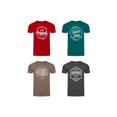 Abbildung von JACK &amp; JONES Tshirt Herren Regular Fit JJLINO 4er Pack Set Rundhals Kurzarm Sommer Tee Shirt Print, Größe:M, Farbe:Pack 2