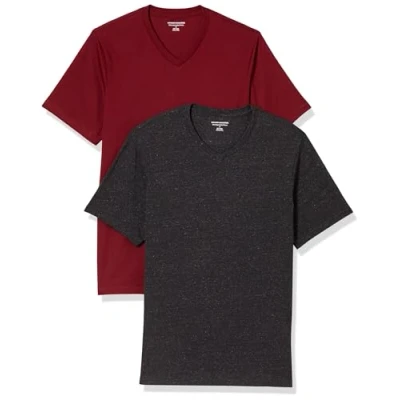 Abbildung von Amazon Essentials Herren Kurzärmelige T Shirts mit V Ausschnitt, 2er Pack, Dunkelgrau Meliert/Dunkelrot, L