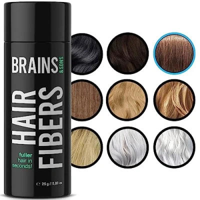 Abbildung von Brains &amp; Son Streuhaar Premium Haarverdichtung/Schütthaar mit Soforteffekt bei Geheimratsecken, Haarausfall und lichtem Haar Haarpuder 25g (MITTELBLOND)